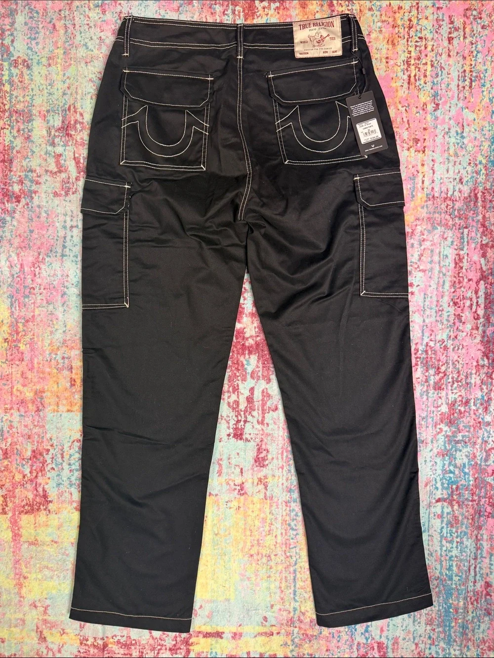 True Religion Black Cargo Jeans with Contrast Stitching